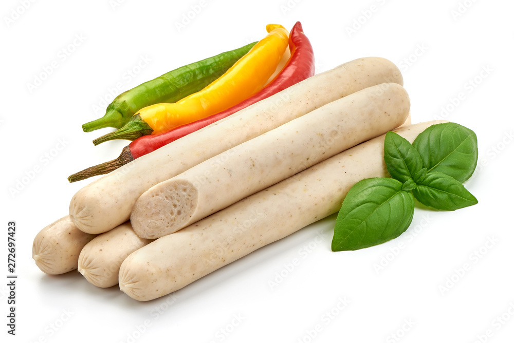 German White Thin sausages for barbeque or grill, close-up, isolated on white background German White Thin sausages for barbeque or grill, close-up, isolated on white background