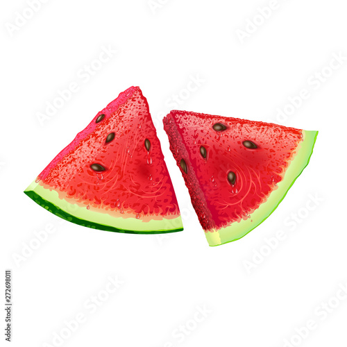 Two juicy slices of fresh watermelon are bright red with seeds and protruding drops of juice. It is isolated on a white background. 1