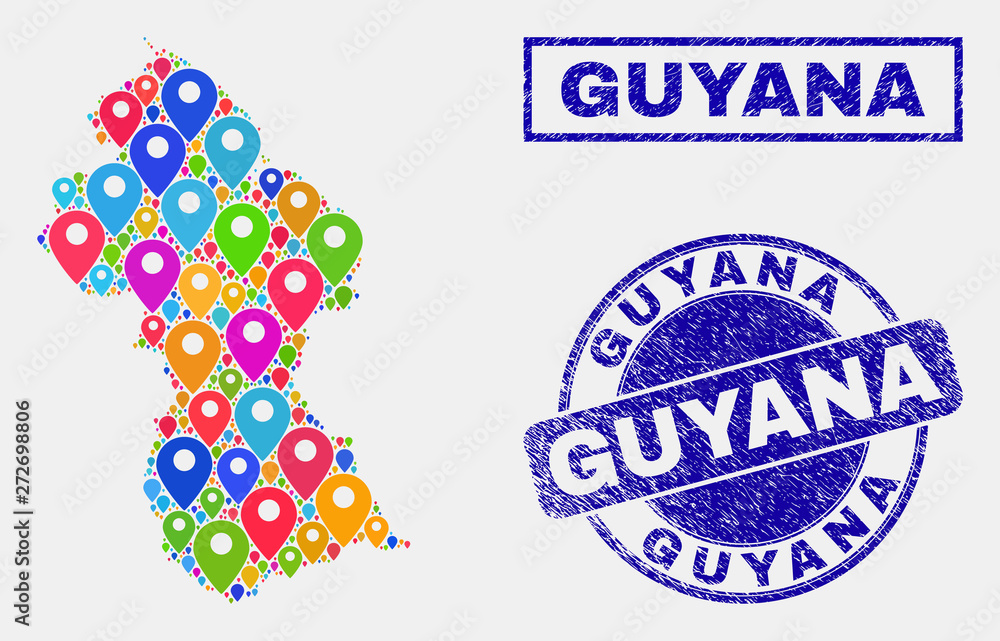 Vector bright mosaic Guyana map and grunge stamp seals. Flat Guyana map is created from random bright site pins. Stamp seals are blue, with rectangle and round shapes.
