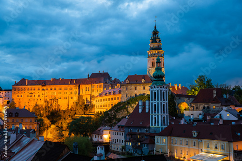 Panoramic landscape view of the historic city of Cesky Krumlov during sunset with famous Cesky Krumlov Castle, Church city is on a UNESCO World Heritage Site captured during spring