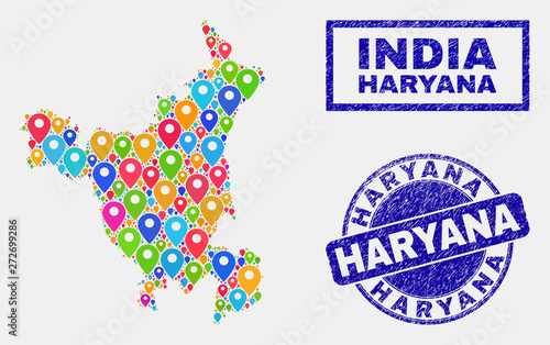 Vector colorful mosaic Haryana State map and grunge watermarks. Abstract Haryana State map is created from random colorful navigation locations. Watermarks are blue, with rectangle and rounded shapes.