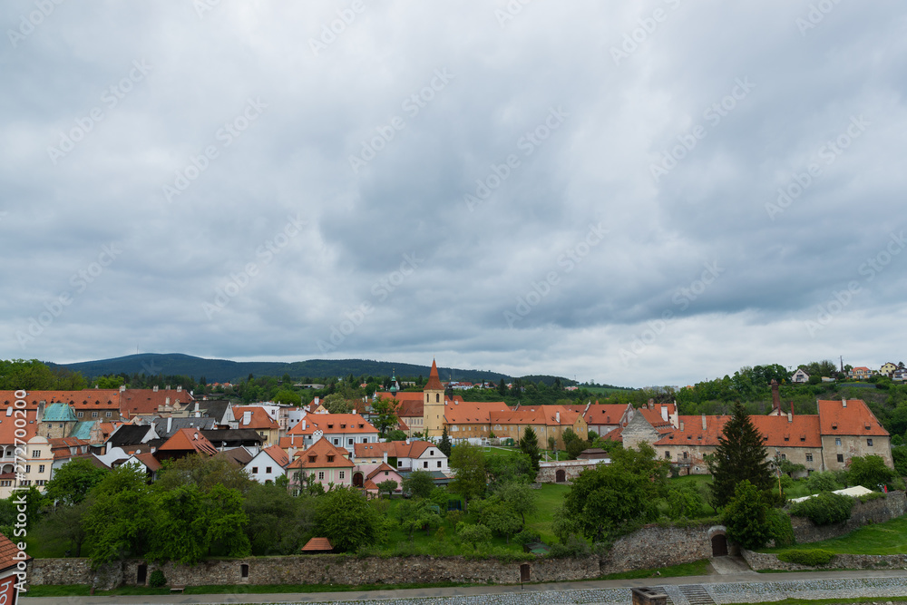 Landscape of the historic city of Cesky Krumlov with famous Cesky Krumlov Castle, Church city is on a UNESCO World Heritage Site