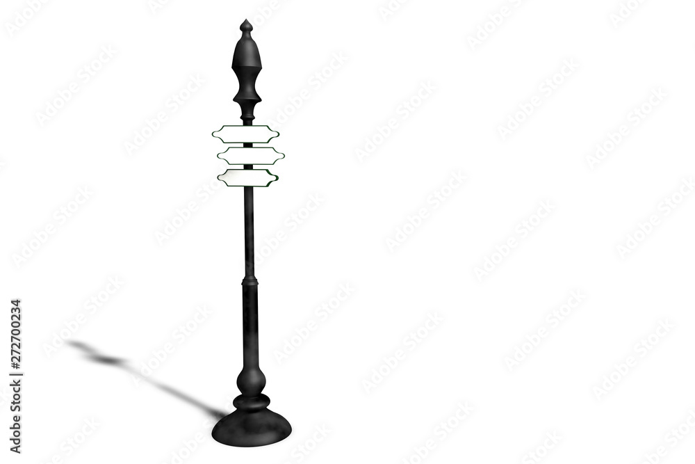 three pointers on a black lamppost. 3D illustration.