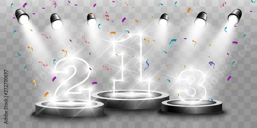 Winner background with signs of first, second and third place on a round pedestal. Vector winner podium sports symbols.