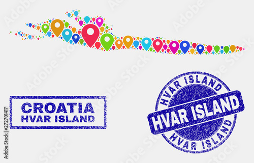 Vector bright mosaic Hvar Island map and grunge watermarks. Abstract Hvar Island map is created from random bright geo markers. Watermarks are blue, with rectangle and round shapes.