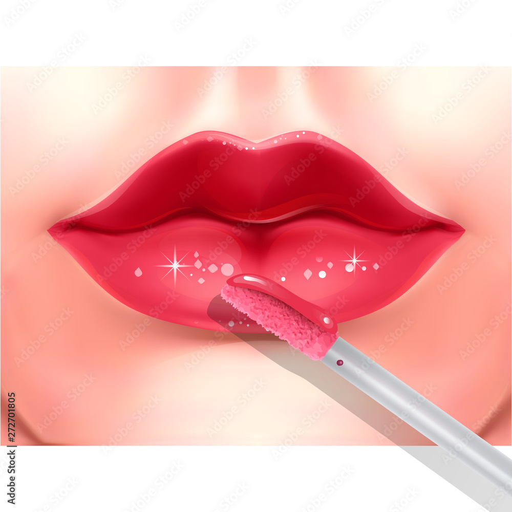 Liquid lipstick and realistic red lips brush, fashion element on white background, can be used for leaflets for the promotion of decorative cosmetics, Vector EPS 10 illustration Liquid lipstick and realistic red lips brush, fashion element on white background, can be used for leaflets for the promotion of decorative cosmetics, Vector EPS 10 illustration