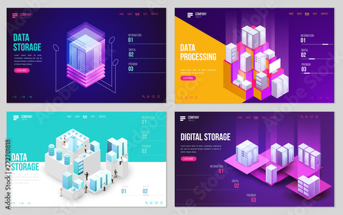 Set of design web site, landing page or presentation template. Minimal modern high technology concept for data center with server or hosting. Isometric vector illustration.