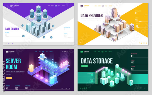 Set of design web site, landing page or presentation template. Minimal modern high technology concept for data center with server or hosting. Isometric vector illustration.