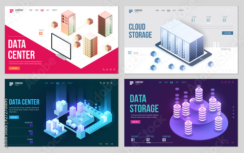 Set of design web site, landing page or presentation template. Minimal modern high technology concept for data center with server or hosting. Isometric vector illustration.