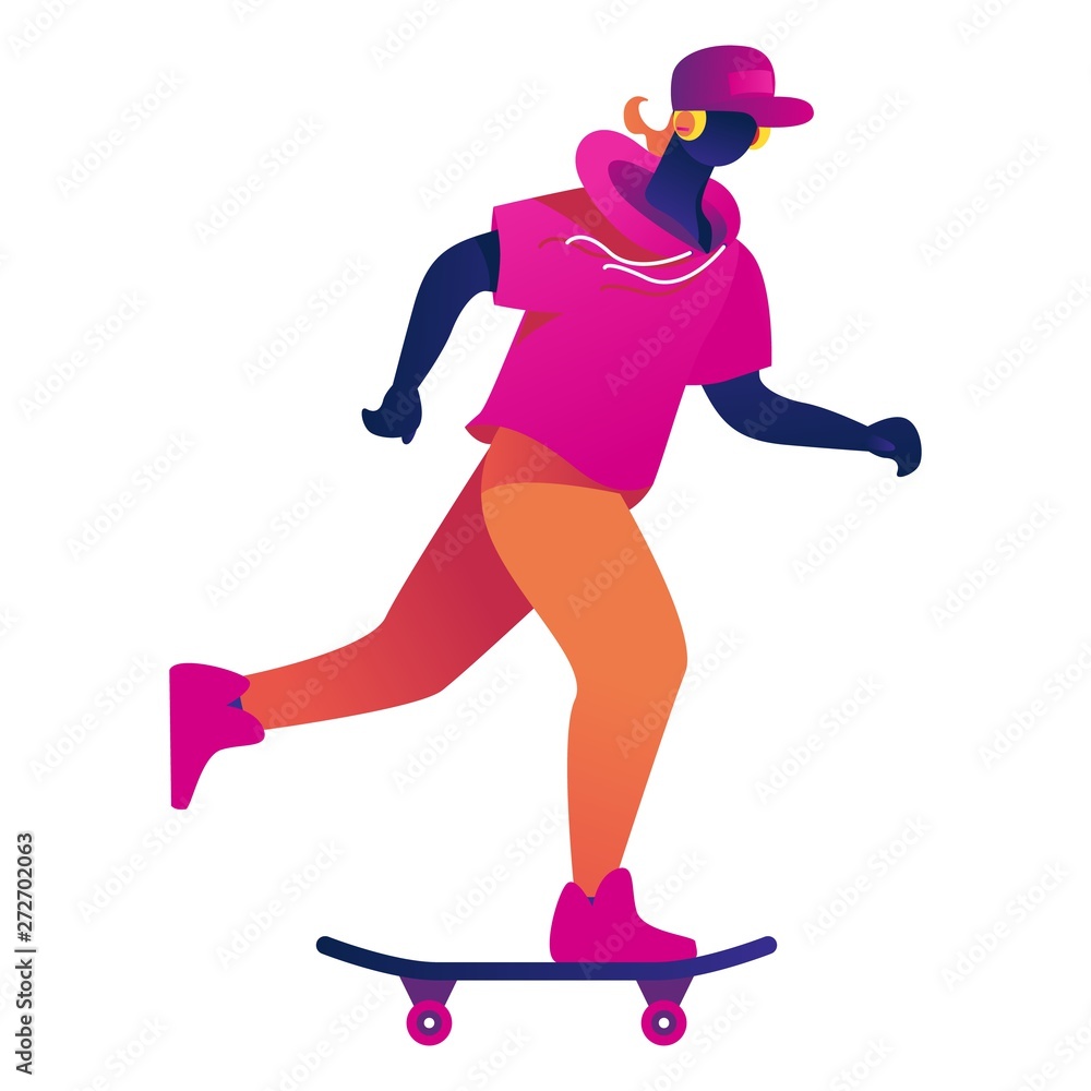 Young male student or teen riding on skateboard in bright vivid color gradients. Concept illustration, isolated on white background