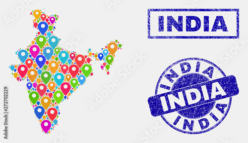 Vector bright mosaic India map and grunge stamp seals. Abstract India map is designed from randomized bright geo locations. Stamp seals are blue, with rectangle and round shapes.