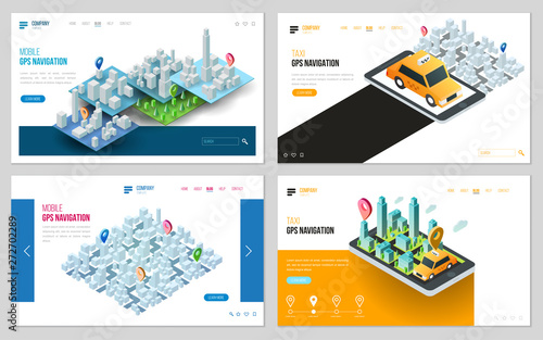 Set of design web site, landing page or presentation template. Minimal modern concept for gps navigation, digital online map. Isometric vector illustration.