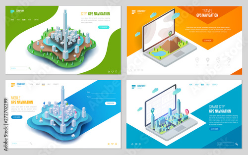 Set of design web site, landing page or presentation template. Minimal modern concept for gps navigation, digital online map. Isometric vector illustration.