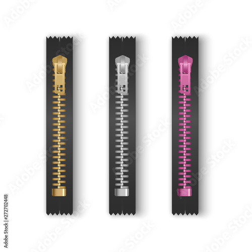 Realistic gold silver zipper, closed zip pullers. Metallic zippers. Garment components zippered fabric accessories, vector clothing clasp of bright colors on white background