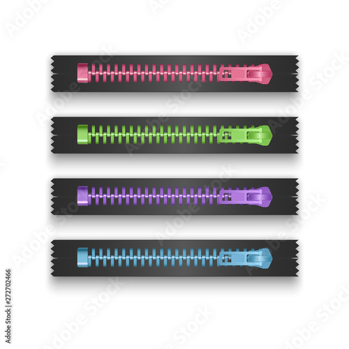 Realistic metallic zipper, closed zip pullers. Garment components zippered fabric accessories, vector clothing clasp of bright colors on white background