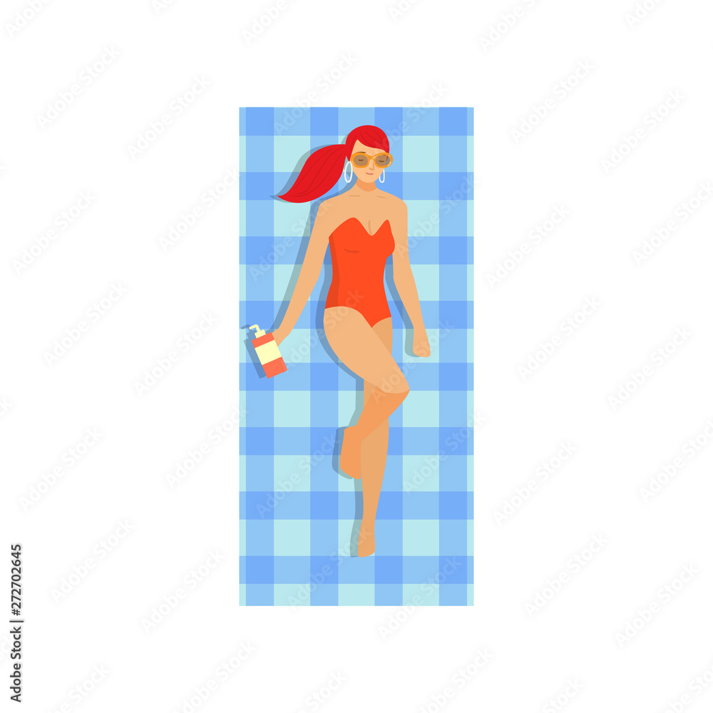 Cute sexy red hair girl sunbathing on towel Cute sexy red hair girl sunbathing on towel