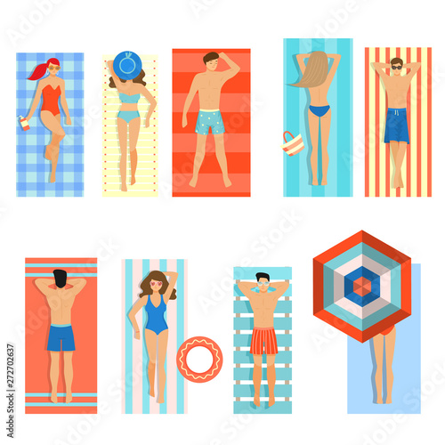 Set of different people, woman and man, lying on the beach