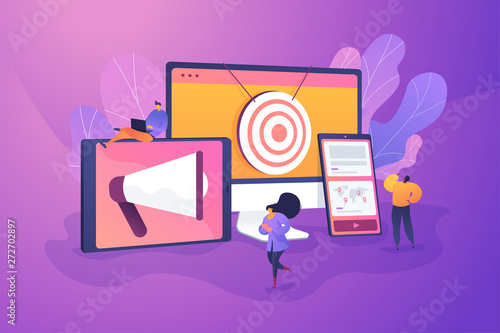 Multi device targeting, reaching audience, cross-device marketing concept. Vector isolated concept illustration with tiny people and floral elements. Hero image for website.