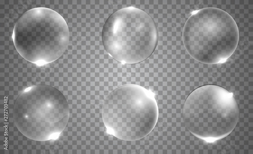 Set of realistic 3d glass ball or sphere isolated on transparent background. Vector illustration.