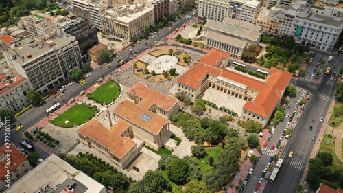 Aerial photo of famous landmark buildings of Academy of Athens  Panepistimio and public Library  Athens  Attica  Greece