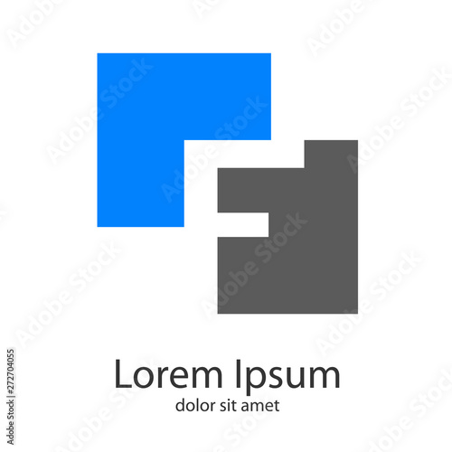 Logotipo abstracto con letra F en espacio negativo en cuadrados en azul y gris