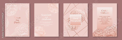 Floral card template designs for wedding invitation, rsvp or greeting card with peonies and rose gold elements on a pink background. 