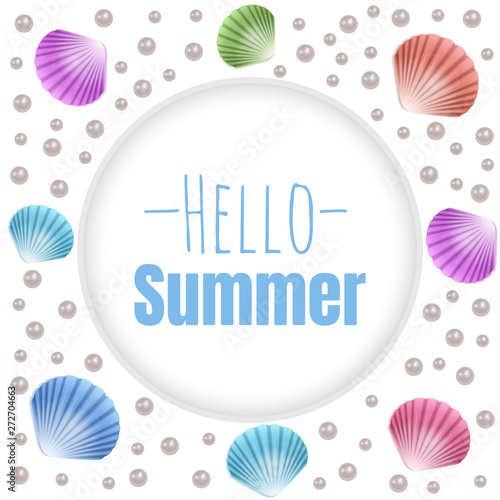 Seashell element of your design  Travel time banner. Hello Summer  holiday seashells frame. Vector illustration.