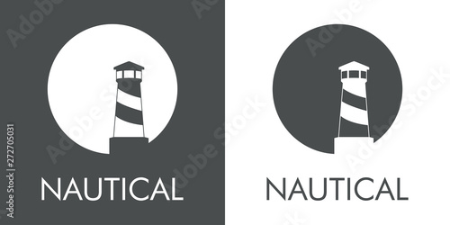 Logotipo abstracto con texto NAUTICAL con faro en círculo en espacio negativo en gris y blanco