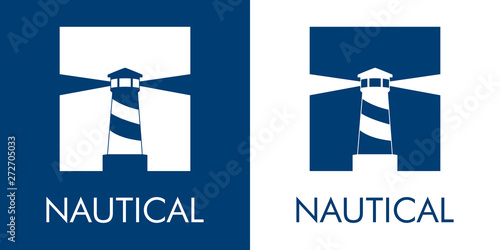 Logotipo abstracto con texto NAUTICAL con faro en cuadrado en espacio negativo en azul y blanco