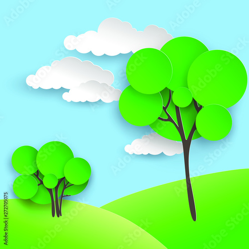 Tree and Bush on the hill. White clouds over a green meadow. Eco-friendly place to stay. vector illustration in paper cut style.