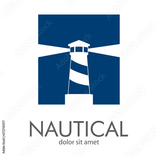 Logotipo abstracto con texto NAUTICAL con faro en cuadrado en espacio negativo en color azul