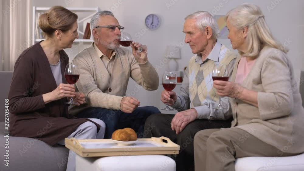 Senior friends talking and drinking wine at home, pleasant company, togetherness Senior friends talking and drinking wine at home, pleasant company, togetherness
