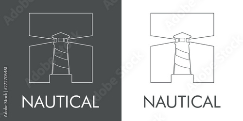 Logotipo abstracto con texto NAUTICAL con faro lineal en cuadrado en espacio negativo en gris y blanco