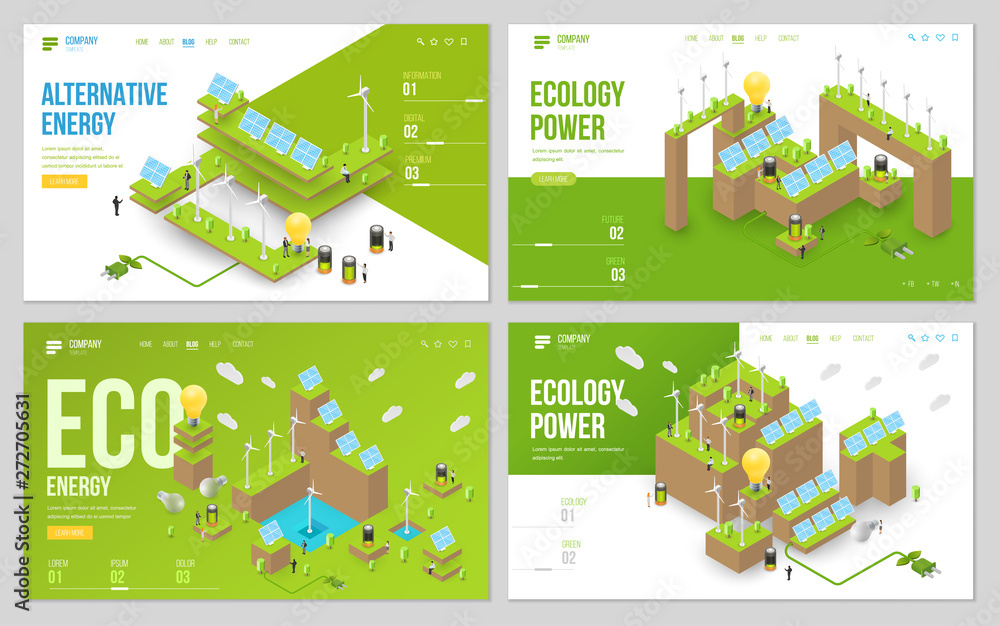 Minimal modern concept of alternative ecology energy source. Set of design web site, landing page or presentation template. Isometric vector illustration.