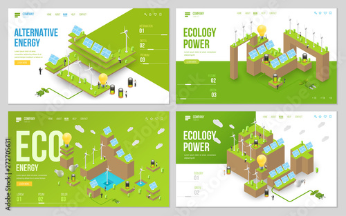 Minimal modern concept of alternative ecology energy source. Set of design web site, landing page or presentation template. Isometric vector illustration.