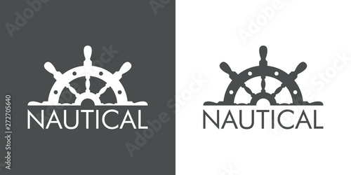 Logotipo abstracto con texto NAUTICAL con medio timón arriba en gris y blanco