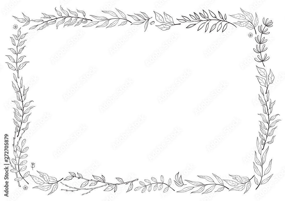 herbal mix vector frame in line style. Hand draw plants, branches and leaves on white background. Coloring frame herbal mix vector frame in line style. Hand draw plants, branches and leaves on white background. Coloring frame