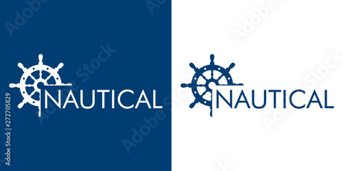 Logotipo abstracto con texto NAUTICAL con timón recortado en azul y blanco