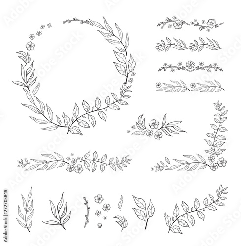 Floral black and white Frame Collection in line style. Set of cute retro leaf arranged un a shape of the wreath