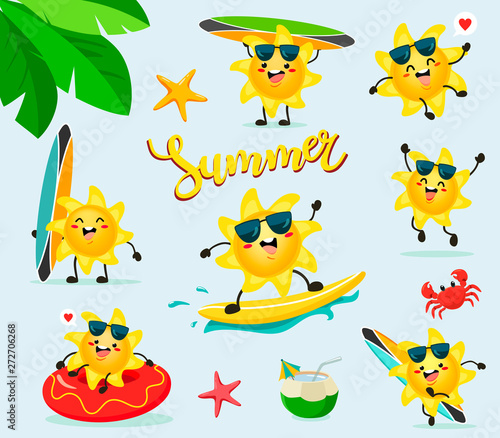 Cheerful sun is resting on the beach. Vector set in cartoon style