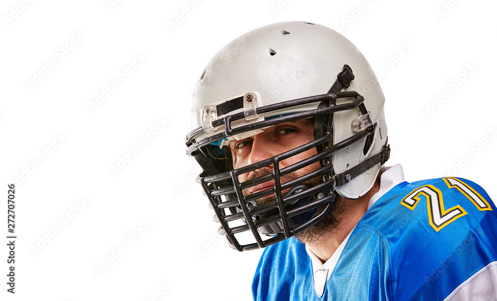 Concept american football, portrait of american football player in helmet with patriotic look. Black white background, copy space.