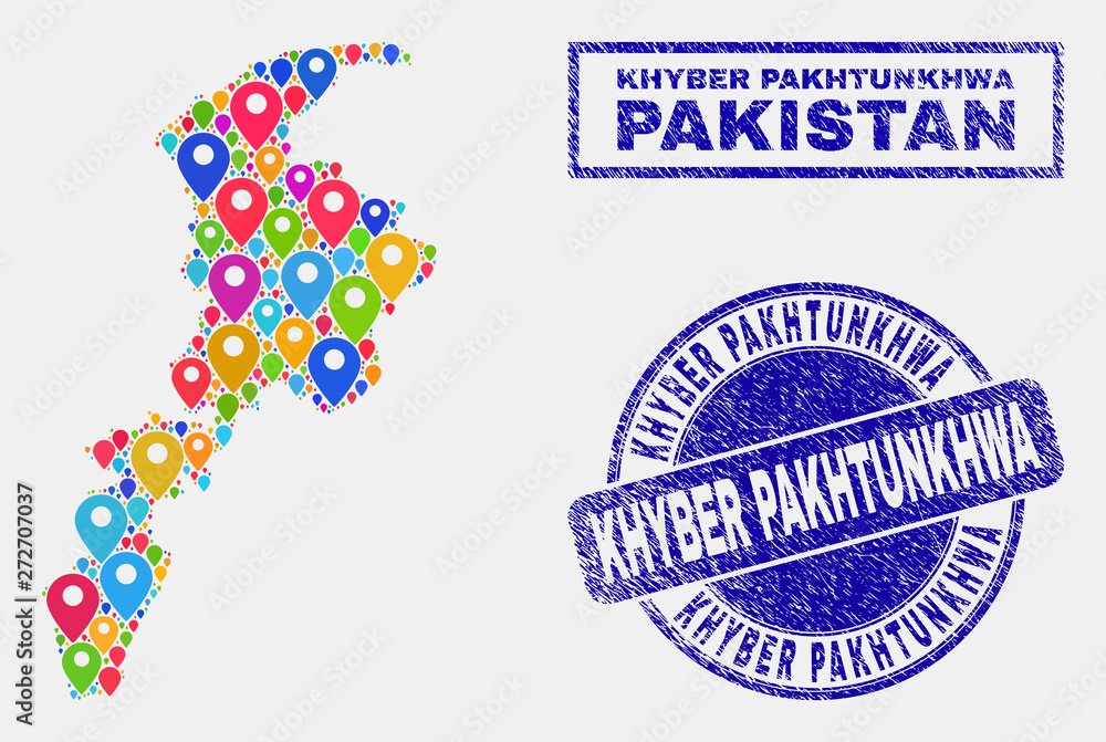 Vector bright mosaic Khyber Pakhtunkhwa Province map and grunge seals. Abstract Khyber Pakhtunkhwa Province map is designed from scattered bright map markers. Stamp seals are blue,