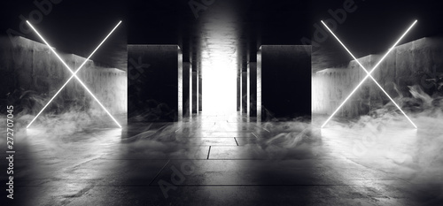 Smoke Concrete Columns Virtual Elegant Modern Tunnel Corridor Neon Lights White Dark Hall Garage Underground Club Background 3D Rendering