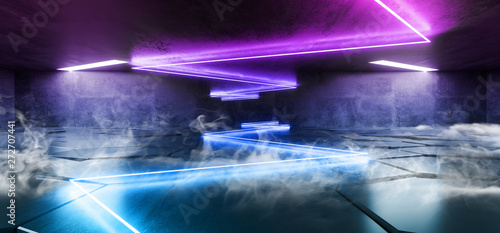 Smoke Fog Virtual Neon Lights Laser Show Purple Blue Vibrant Underground Hallway Entrance Club Background Reality Glowing Beams 3D Rendering
