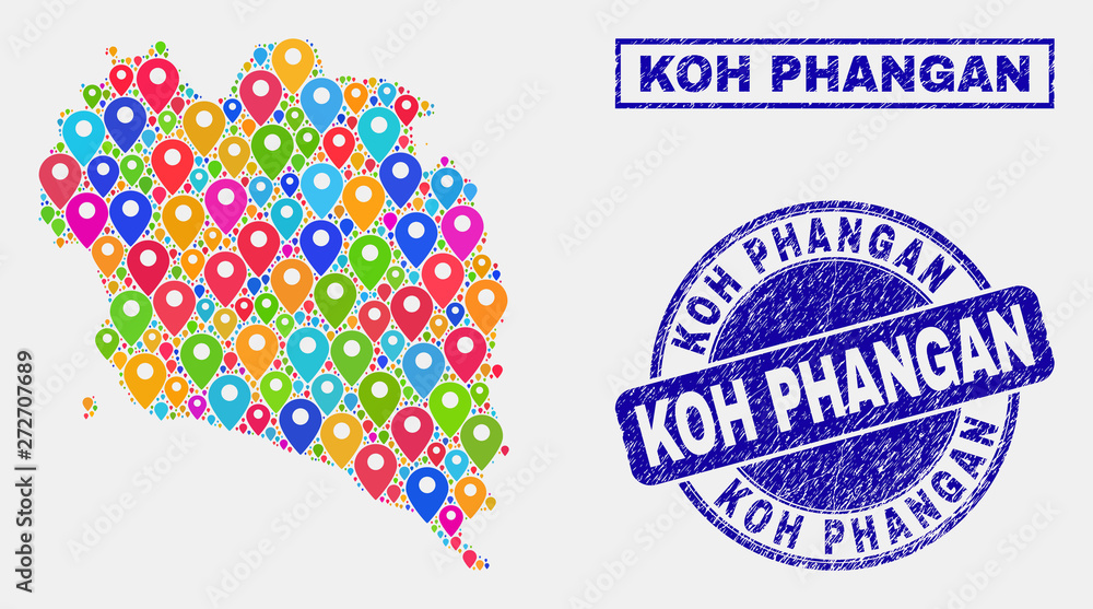Vector colorful mosaic Koh Phangan map and grunge stamp seals. Flat Koh Phangan map is composed from scattered colorful geo icons. Stamp seals are blue, with rectangle and round shapes.