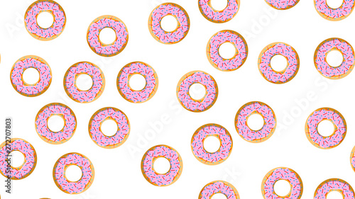 Seamless pattern, texture from round sweet flour tasty donuts to nourishing hot fresh donuts, pastries, sugar-coated cookies in a pink candy caramel glaze on a white background. Vector illustration