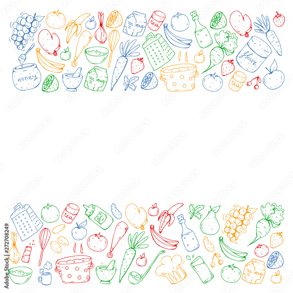 Healthy food and cooking. Fruits, vegetables, household. Doodle vector set.