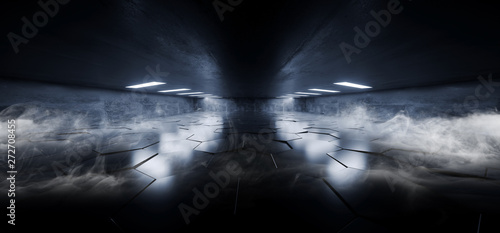 Smoke Sci Fi Futuristic Elegant Dark Underground Concrete Grunge Reflective Empty Corridor Tunnel Room Hall Garage Hexagon Tiles 3D Rendering