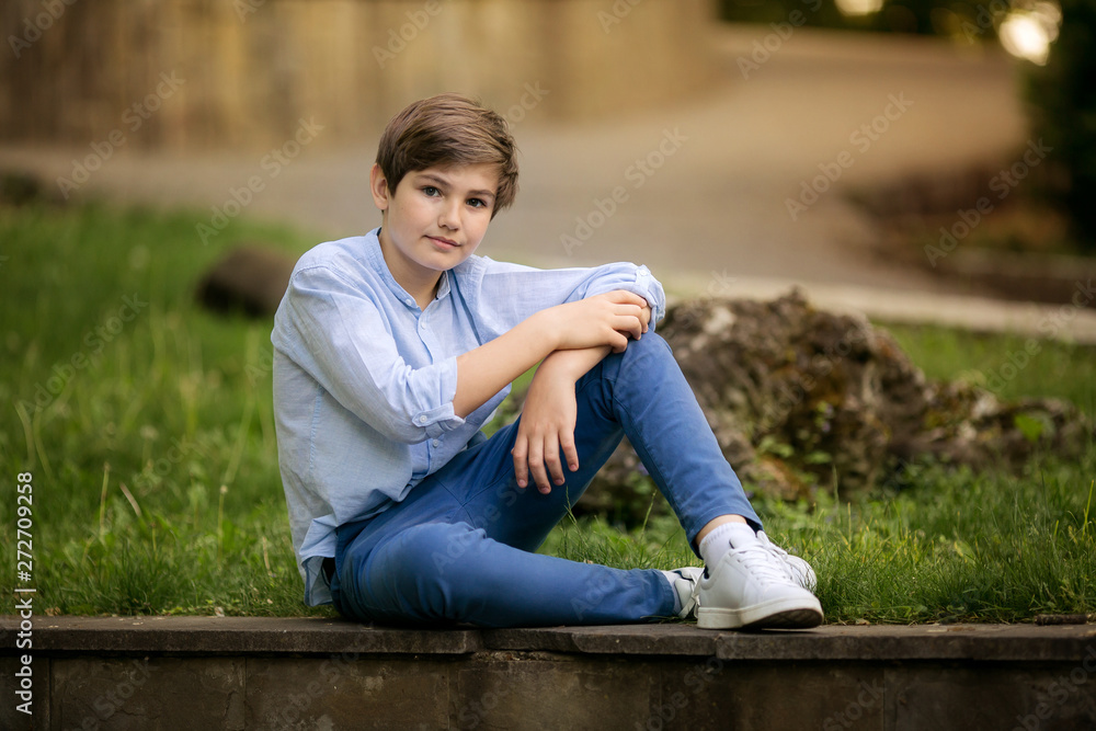 Fototapeta premium portrait of a lovely teenager boy 10 years old in a park in summer