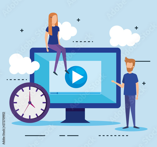 mini people with computer and clock vector illustration design vector illustrator